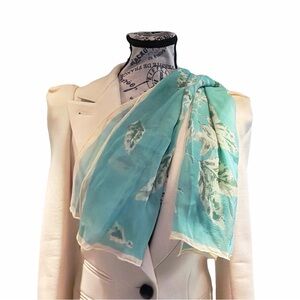 Vintage Silk Chiffon Scarf | Aqua Leaf Print | Oblong Scarf | 31 x 17